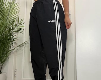 Adidas Baggy-Trainingshose, Windbreaker, Trainingshose, Größe XL, Unisex, schwarz mit weißen Streifen, Y2K