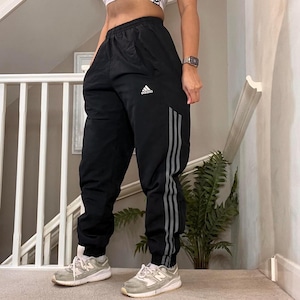 Y2K Adidas Baggy Track Pants: Black Cuffed Windbreaker Bottoms - L
