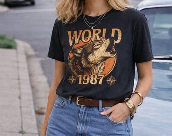 Koszulka z grafiką Vintage Wolf, koszulka retro streetwearowa World 1987
