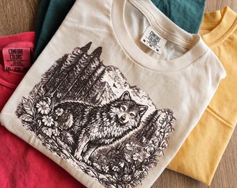 Vintage Moonlit Wolf Graphic Tee, Dark Forest Night Wildlife Shirt, Mystic Wilderness Nature Style Top, Comfort Colors® Wolf Gift Tee