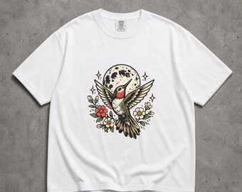 Hummingbird Moon Shirt Comfort Colors®, Floral Bird Tee, Cottagecore Nature Shirt