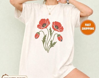Vintage Poppy Flower Graphic Tee, Comfort Colors Botanical Shirt, Cottagecore Nature Top