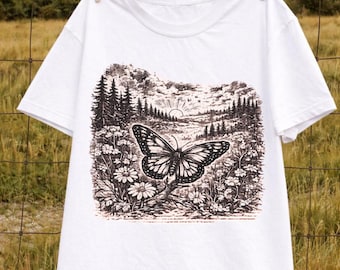 Retro Botanical Butterfly Graphic Tee, Wildflower Garden Nature Shirt, Soft Floral Style Top, Comfort Colors® Nature Lover Gift Tee