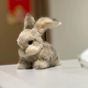Op de afbeelding: Een zacht, lichtbruin konijn met lange oren en donkere ogen. Het konijn zit op een wit oppervlak. De vacht heeft een getextureerd gevoel, waardoor het konijn er realistisch uitziet. Een schattig en knuffelbaar speelgoed.