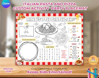 Italienische Malseiten, bearbeitbar und druckbar Pizza und Pasta Party Aktivität Tischset, Fleischbällchen Party, Pizza und Pasta Geburtstagsfeier Dekor