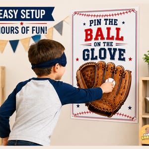 Könnte beinhalten: Ein Baseball-Partyspiel mit dem Text "Pin the Ball on the Glove". Das Spiel zeigt eine große Baseballhandschuh-Illustration und ein Kind, das versucht, einen Ball mit verbundenen Augen auf den Handschuh zu legen. Der Text "Easy Setup, Hours of Fun!" ist ebenfalls sichtbar.