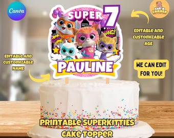 SuperKitties Custom Birthday Cake Topper, Editable and Printable SuperKitties Cupcake Topper, SuperKitties Birthday Party Decor