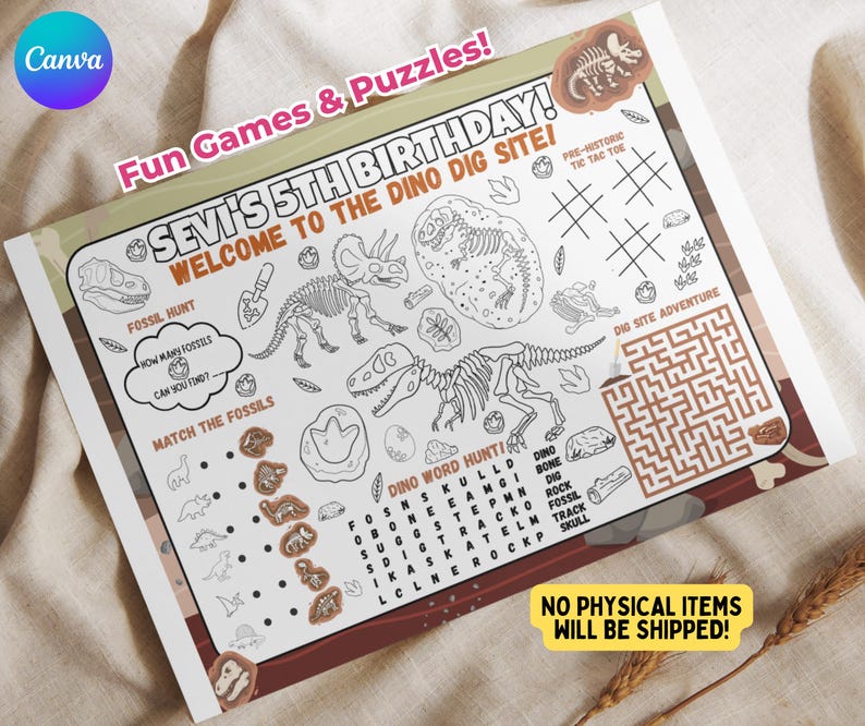 Dinosaur Fossil Dig Activity Placemat Printable, Dino Birthday Party ...