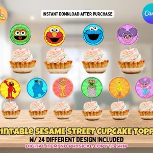 24 decorazioni per cupcake a tema Street Sesame, decorazioni per cupcake a tema Street Sesame stampabili, decorazioni per feste di compleanno a tema Street Sesame, decorazioni a tema Elmo&#39;s World