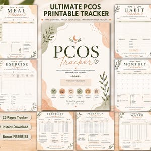以下が含まれることがあります： Ultimate PCOS Printable Trackerと題された中央の表紙ページと、食事プランナー、運動ログ、習慣トラッカー、月間カレンダー、妊活トラッカー、排卵トラッカー、水分摂取ログなどの様々な計画シートで構成された、落ち着いたアースカラーの植物イラストが描かれた印刷可能なPCOSトラッカーセット。