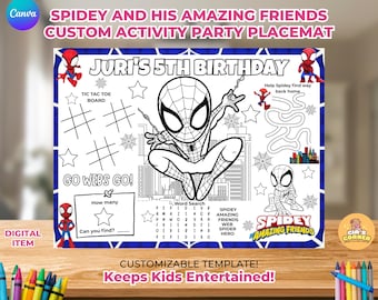 Páginas para colorear de Spidey y sus increíbles amigos, mantel individual de actividades de Spiderman editable e imprimible, decoración de fiesta de Spiderman, cumpleaños de Spidey