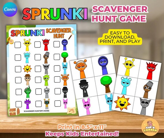 Sprunki Scavenger Hunt Game, Sprunki Treasure Hunt Game Activity for kids, Printable Sprunki Party Games, Sprunki Birthday Party Decor