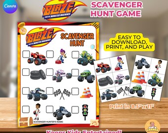 Könnte beinhalten: Ein farbenfrohes, druckbares Blaze und die Monster Machines Schnitzeljagdspiel. Das Spiel zeigt Illustrationen von Monstertrucks, Charakteren und anderen Objekten. Der Text lautet "Easy to Download, Print, and Play". Der Druck ist 21,6 cm x 27,9 cm groß.