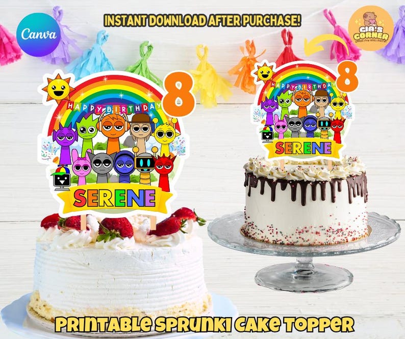 Editable Sprunki cake topper digital file with child’s name and age shown on cake