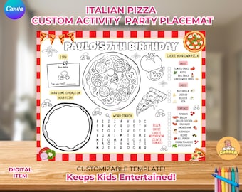 Pizza Malvorlagen, bearbeitbar und druckbar Pizza Party Aktivität Tischset, italienische Party Aktivität Spiele, Pizza Geburtstagsfeier Dekor