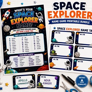 May include: A Space Explorer name game printable bundle featuring a dark blue chart with space-themed graphics, letters A-Z, and birth months. Includes a sheet of six blank name tags, two filled-out name tags, a black pen, scissors, and tape.