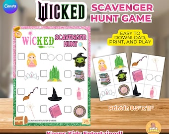 Utskrivbart spel för skattjakt med Wicked, Glinda och Elphaba skattjakt, aktivitetsspel för Wicked födelsedag, festdekorationer med Wicked födelsedag