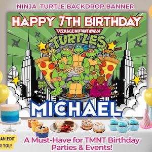 Banner de fondo de cumpleaños de las Tortugas Ninja personalizado, banner de fondo de las Tortugas Ninja imprimible y editable, decoración de fiesta de cumpleaños de las Tortugas Ninja