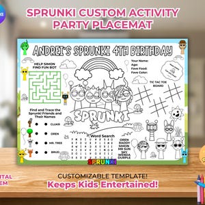 Op de afbeelding: Een aanpasbare feestplacemat met de tekst "SPRUNKI CUSTOM ACTIVITY PARTY PLACEMAT" en "ANDREI'S SPRUNKI 4TH BIRTHDAY". De placemat bevat een doolhof, een tic-tac-toe bord, een woordzoeker en kleurgebieden. De tekst "Keeps Kids Entertained!" is ook zichtbaar.
