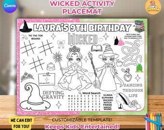 Páginas para colorear de Wicked, mantel individual editable e imprimible de Wicked, mantel individual para colorear de Wicked, decoración para fiesta de cumpleaños de Glinda y Elphaba