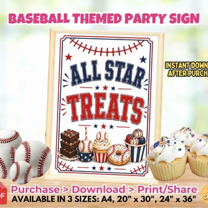 Könnte beinhalten: Baseball-Party-Schild mit "ALL STAR TREATS" in Rot und Blau. Das Schild zeigt Basebälle, Cupcakes und andere Leckereien. Das Schild ist von Basebällen und Cupcakes umgeben. Auf dem Schild steht "SOFORTIGER DOWNLOAD NACH DEM KAUF!"