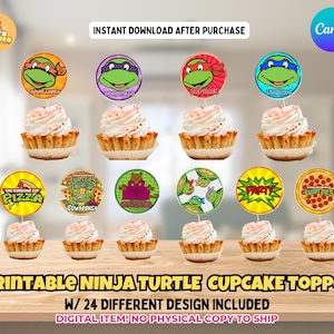 Ninja Turtle Cupcake Toppers, 24 Designs Ninja Turtle Cupcake Toppers, TMNT Birthday Party Decor, Printable Ninja Turtles Party Decor
