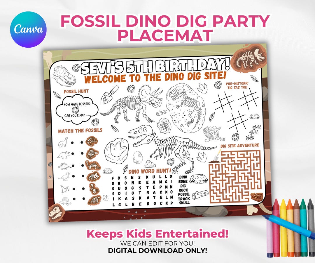 Dinosaur Fossil Dig Activity Placemat Printable, Dino Birthday Party ...