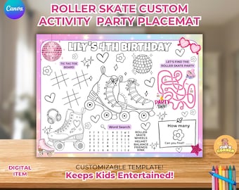 Placemat verjaardagsfeestje rolschaatsen: kleurplaat activiteit (digitale download)