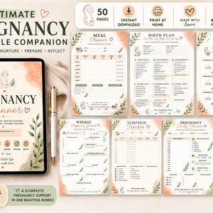 May include: A digital pregnancy planner bundle featuring a tablet displaying a cover page with the text Pregnancy Planner, alongside five printed pages including a meal planner, birth plan, ultrasound log, weekly journal, and symptom tracker.
