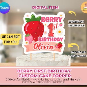 Berry First Birthday Cake Topper, Editable and Printable Strawberry Cake Topper, Berry 1st Birthday Party Decor, Strawberry Birthday Decor