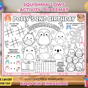 May include: A pink-bordered activity placemat featuring Squishmallows characters. The placemat includes a tic-tac-toe board, a maze, a word search, and matching games. Text on the placemat reads "Polly's 2nd Birthday" and "Keeps Kids Entertained!"