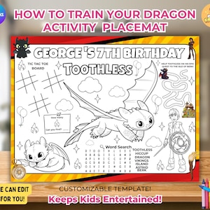 Peut inclure: Un set de table d'activité personnalisable avec le texte "How to Train Your Dragon" et "George's 7th Birthday." Le set de table comprend un jeu de morpion, un labyrinthe, une recherche de mots et des illustrations de Krokmou et d'autres personnages. Le texte "Keeps Kids Entertained!" est également présent.