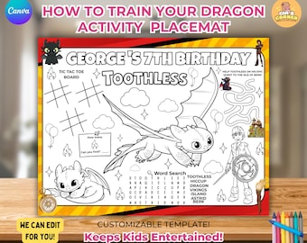 Dragon Toothless Coloring Pages, Editable and Printable Dragon Toothless Placemat, Train your Dragon Birthday Party Decor, Toothless Party