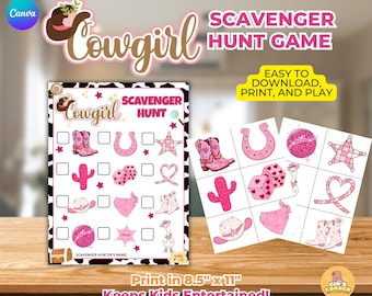 Può includere: Un gioco di caccia al tesoro a tema cowgirl in rosa e bianco. Il gioco include un elenco di controllo con illustrazioni di stivali da cowboy, ferri di cavallo e stelle. Il testo recita "Cowgirl Scavenger Hunt Game" e "Easy to Download, Print, and Play."