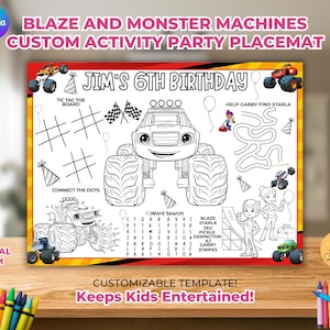 Puede incluir: Mantel individual de fiesta personalizable de Blaze and the Monster Machines. Cuenta con un tablero de tres en raya, conecta los puntos, una búsqueda de palabras y un laberinto. Incluye el texto "Jim's 6th Birthday" y "Keeps Kids Entertained!"