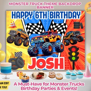 Custom Monster Truck Birthday Backdrop Banner, Printable and Editable Monster Truck Background Banner, Monster Truck Party Decorations