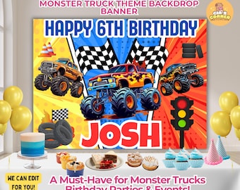 Monster Truck verjaardag achtergrondbanner: bewerkbaar afdrukbaar feestdecor (48 x 36")