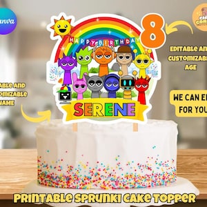 Sprunki birthday cake topper printable with colorful characters and rainbow design