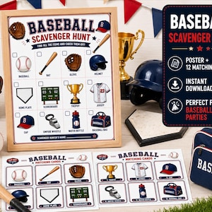 Könnte beinhalten: Ein Baseball-Schnitzeljagd-Spielset mit einem gerahmten Poster, das zwölf illustrierte Suchobjekte zeigt, darunter einen Baseball, Schläger, Handschuh, Helm, Home Plate, Anzeigetafel, Trophäe, Trikot, Kappe, Pfeife, Wasserflasche und eine Tasche.