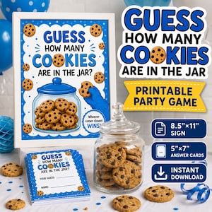 Könnte beinhalten: Ein druckbares Partyspiel-Set mit einem Schild und Antwortkarten mit dem Text Guess How Many Cookies Are In The Jar. Das Schild zeigt ein blaues Glas voller Schokoladenkekse. Ein Glasgefäß gefüllt mit echten Keksen ist ebenfalls enthalten.