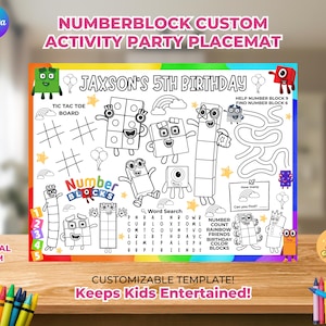 NumberBlocks Coloring Pages, Editable and Printable NumberBlocks Activity Placemat, Numberblocks Coloring Placemat, NumberBlocks Party Decor