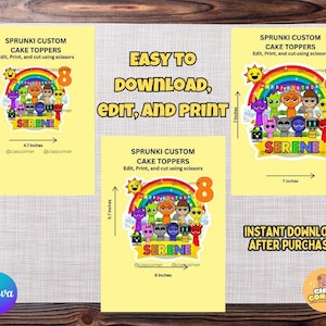 Printable Sprunki rainbow birthday cake topper in multiple sizes