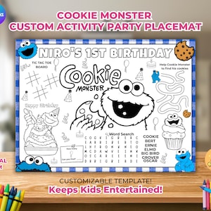 以下が含まれることがあります： 「NIRO'S 1ST BIRTHDAY」の文字が入った、クッキーモンスターをテーマにしたアクティビティプレースマット。白黒のデザインには、三目並べ、迷路、単語検索が含まれています。プレースマットはカスタマイズ可能なテンプレートです。