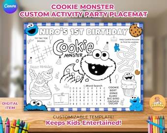 Páginas para colorear de galletas monstruosas, mantel individual editable e imprimible, mantel individual para colorear de sésamo, decoración para fiesta de galletas