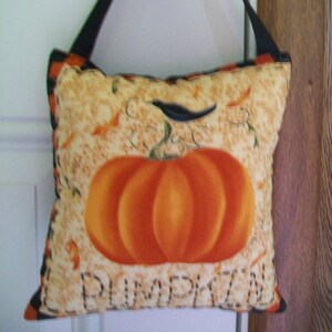 May include: A decorative pillow with a pumpkin design, hanging from a door handle. The pillow features an orange pumpkin with a black crow and the word "PUMPKIN" stitched below. The background is a beige fabric with orange leaf accents.