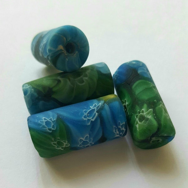 Blue Floral Polymer Clay Beads - Set of 4