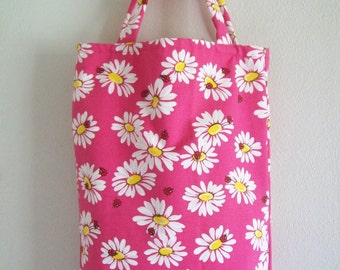 Extra Large Reusable Tote Bag - Bright Pink Daisies and Ladybugs