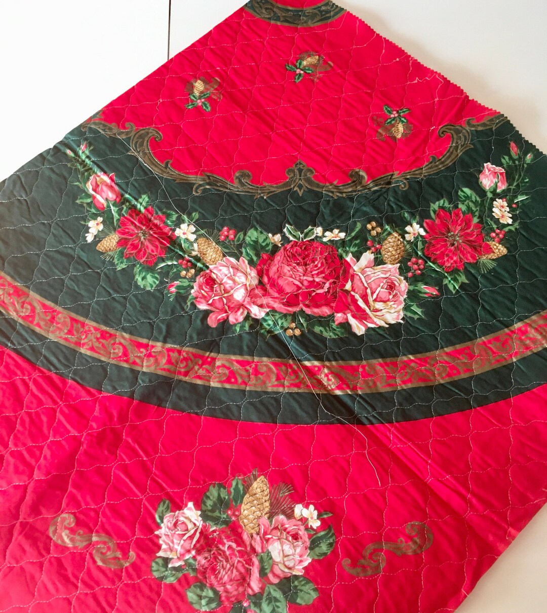 Vintage Christmas Tree Skirt Panels Christmas Roses DIY Etsy