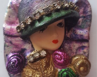 Vintage Art Deco Flower Lady Brooch - 1980s