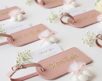 Bismillah Embossed Luggage Tags | Favors for Guests | Nikah Henna Wedding Engagement Bridal Shower etc | Set of 10 | BLUSH PINK w/ Gold Foil
